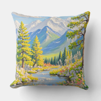 Mountain River Landscape Throw Pillow