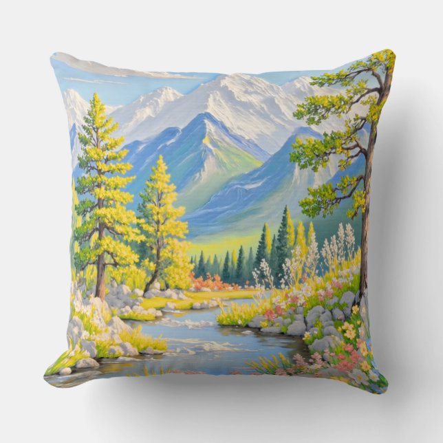 Mountain River Landscape Throw Pillow (Front)
