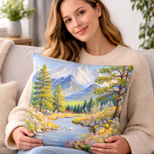 Mountain River Landscape Throw Pillow (Creator Uploaded)