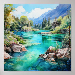 Mountain River Vivid Colours Watercolor Painting Poster