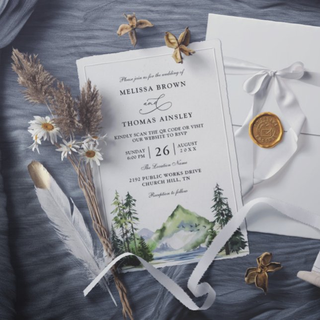 Mountain Rustic Forest Budget QR Code Wedding Invitation (Creator Uploaded)