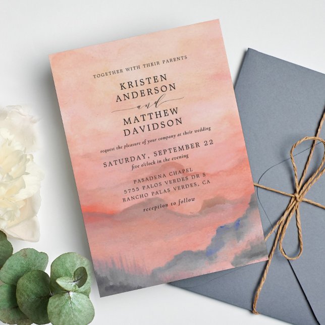 Mountain Rustic Sunset Watercolor Orange Wedding Invitation (Creator Uploaded)