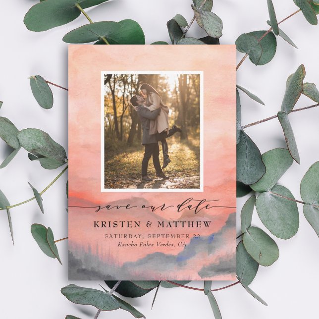 Mountain Rustic Sunset Watercolor Wedding Photo Save The Date (Creator Uploaded)