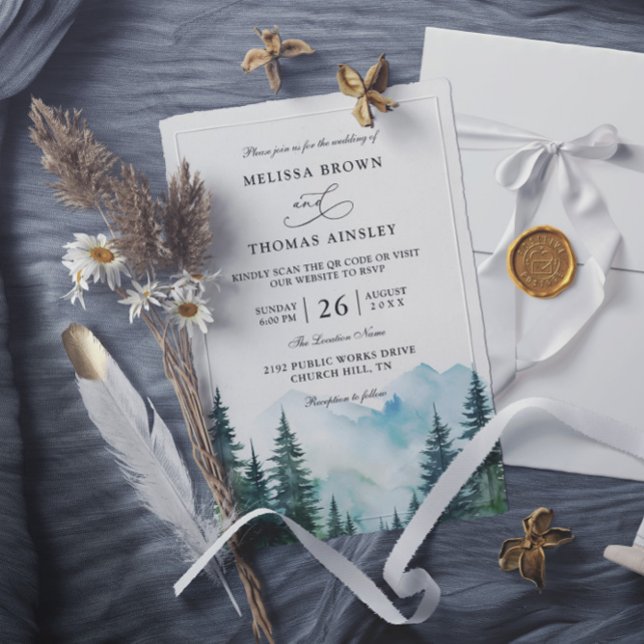 Mountain Rustic Trees Pine Budget QR Code Wedding Invitation (Creator Uploaded)