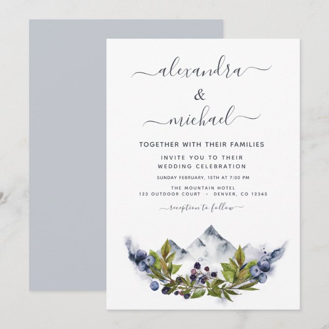 Mountain Rustic Watercolor Greenery Wedding Invitation (Front/Back)