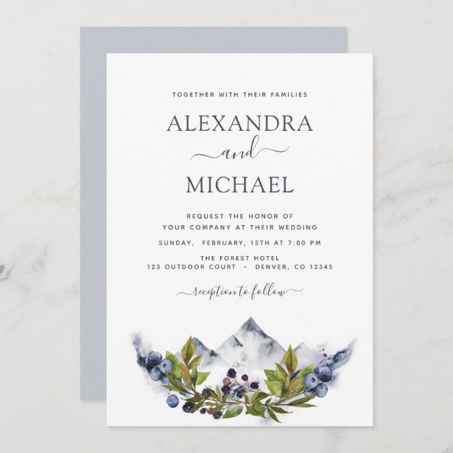 Mountain Rustic Watercolor Greenery Wedding Invitation (Front/Back)