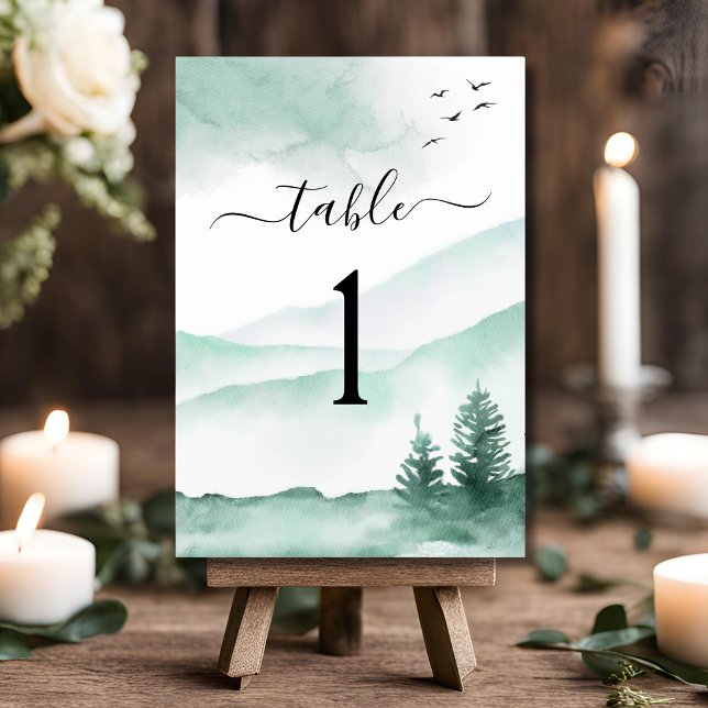 Mountain Rustic Watercolor Greenery Wedding Table Number (Creator Uploaded)