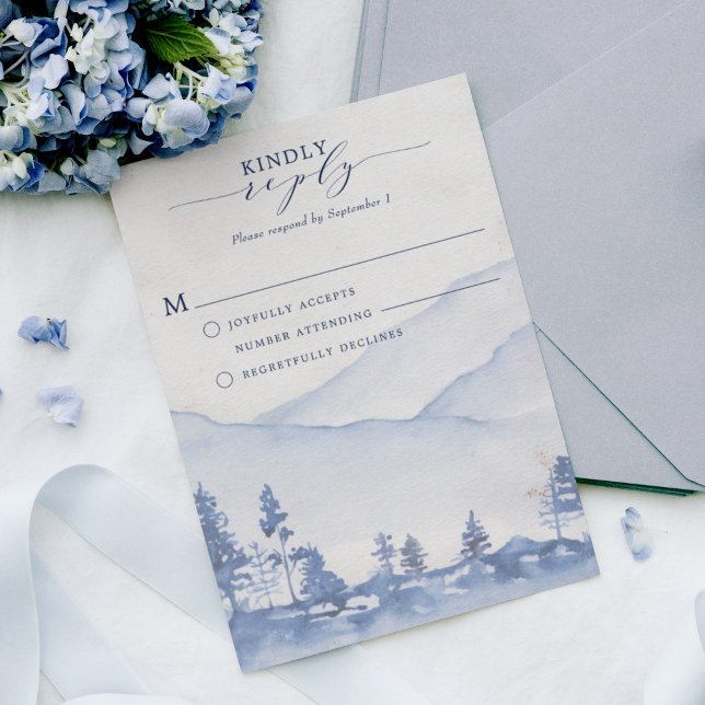 Mountain Rustic Woodland Blue Watercolor RSVP Card (Invigorate your wedding guests with the refreshing charm of our Blue Mountain Watercolor RSVP Card. )