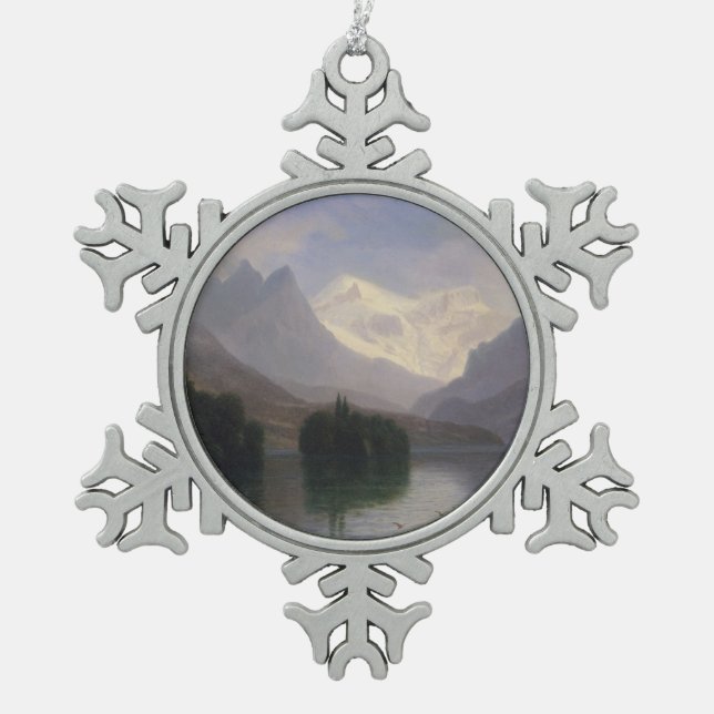 Mountain Scene Snowflake Pewter Christmas Ornament (Front)