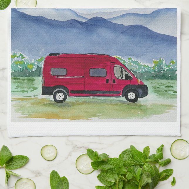Mountain Scene Van Life Kitchen Towel Red Van (Folded)