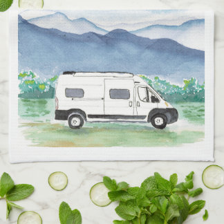 Mountain Scene Van Life Kitchen Towel White Van