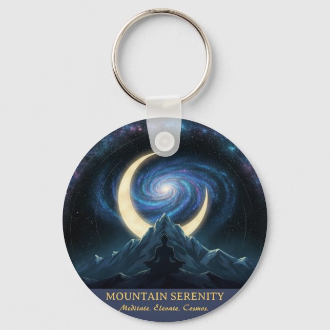 Mountain Serenity Cosmic Meditation, Crescent Moon Key Ring (Front)