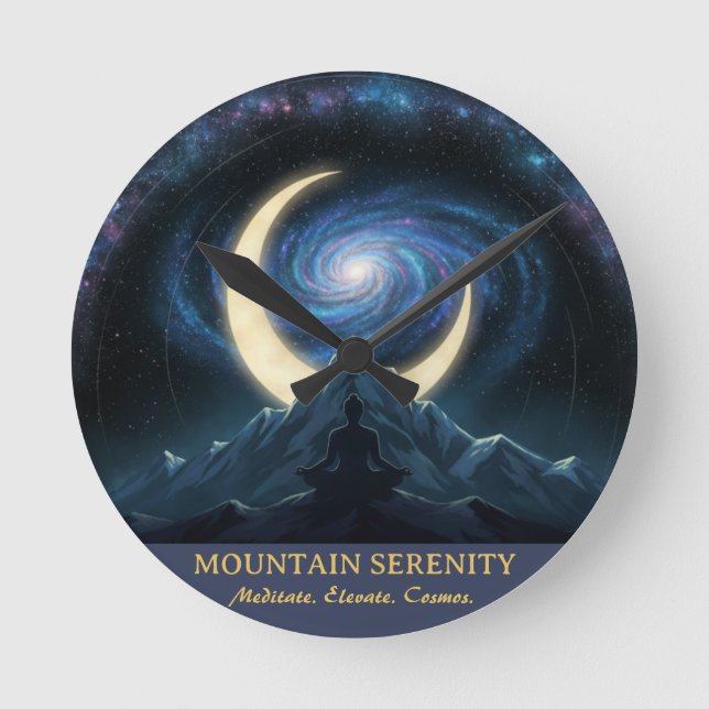 Mountain Serenity Cosmic Meditation, Crescent Moon Round Clock (Front)