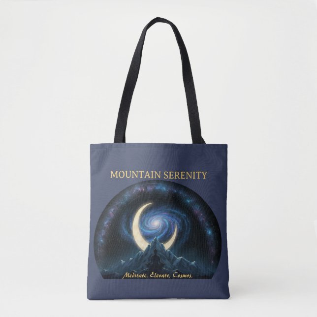 Mountain Serenity Cosmic Meditation, Crescent Moon Tote Bag (Front)