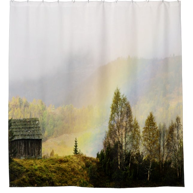 Mountain shed with rainbow shower curtain (Front)