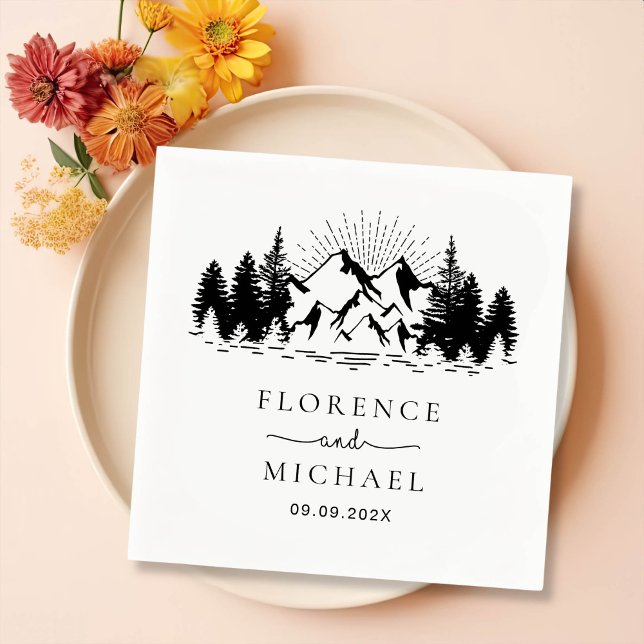 Mountain Sketch Personalised Wedding Napkin (Creator Uploaded)