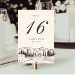 Mountain Sketch Table Number Card<br><div class="desc">Rustic woodland chic table number cards feature a sketched illustration of mountain peaks,  pine trees and a flowing river,  beneath your table number,  event date and additional custom text. Design repeats on reverse side. Coordinates with our wintry Mountain Sketch wedding invitation suite.</div>