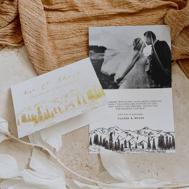 Mountain Sketch Wedding Thank You Foil Card (Creator Uploaded)