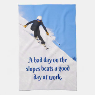 Mountain Ski Slopes Fresh Snow Fall Skiing Funny Tea Towel