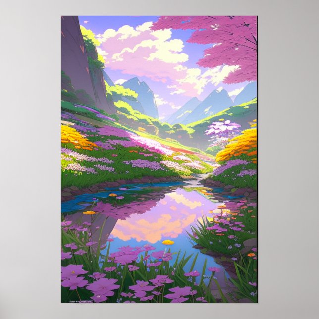Mountain Stream, Colourful Flower-Filled Riverside Poster (Front)