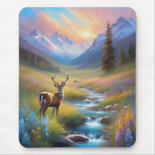 Mountain Stream Deer Wildflowers Sunrise Painting Mouse Pad
