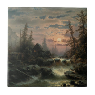 Mountain Stream in the Moonlight – Albert Rieger Tile