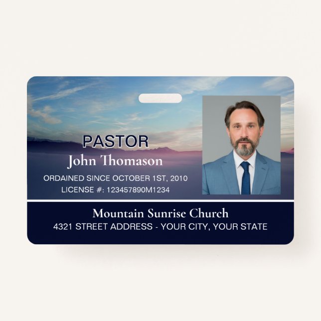 Mountain Sunrise Blue Church Membership Clergy ID ID Badge (Front)