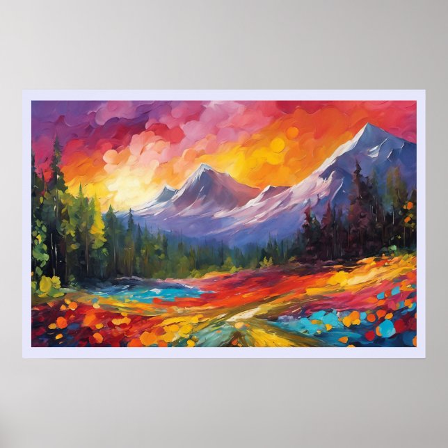 Mountain Sunrise Colourful Impressionistic Art Poster (Front)