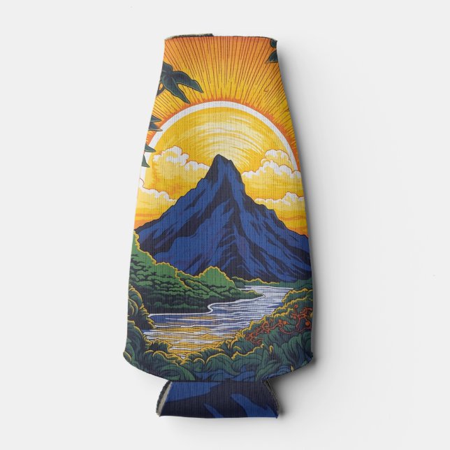 Mountain, sunrise, island, tropical, floral,  bottle cooler (Front)