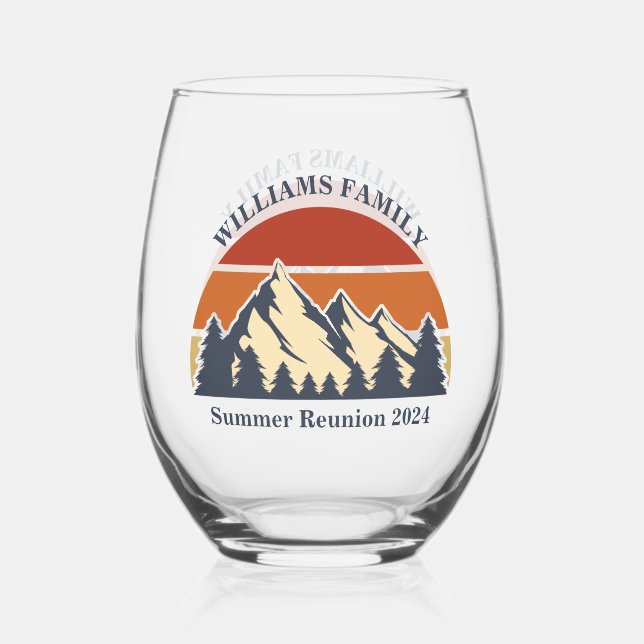 Mountain Sunset Cabin Customisable Family Reunion Stemless Wine Glass (Front)