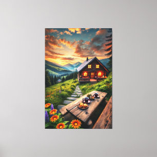 Mountain Sunset Cabin Serenity Canvas Print