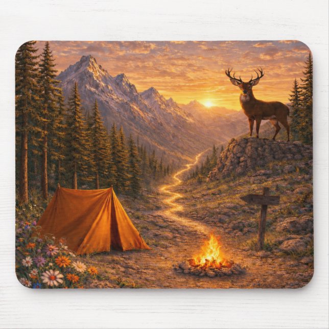 Mountain Sunset Deer Campsite Mouse Pad (Front)