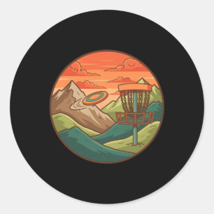 Mountain Sunset Disc Golf Basket Flying Disc Scene Classic Round Sticker