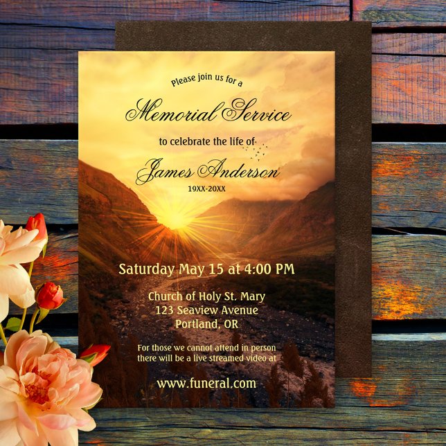 Mountain Sunset Funeral Memorial Service Invitation (Memorial, funeral service or celebration of life invitation featuring a sunset over the mountains)