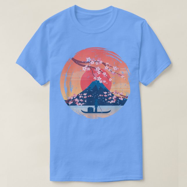 Mountain Sunset Japanese Sakura Pink Flower Cherry T-Shirt (Design Front)