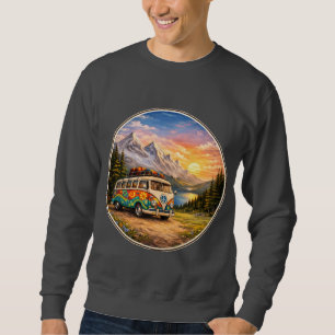 Mountain Sunset Lake Scene Retro Hippie Van Life Sweatshirt