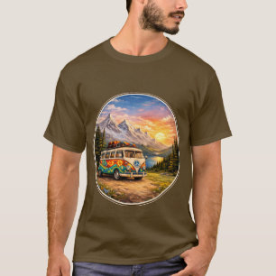 Mountain Sunset Lake Scene   Retro Hippie Van Life T-Shirt