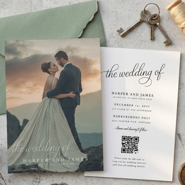 Mountain Sunset Photo Script QR Code Wedding Invitation (Creator Uploaded)