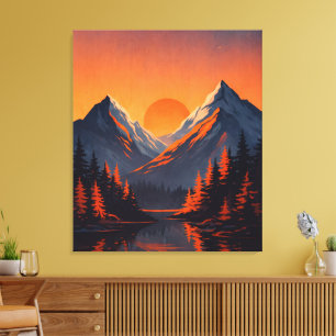 Mountain Sunset Reflection Fiery Orange Sky  Canvas Print