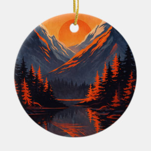 Mountain Sunset Reflection Fiery Orange Sky Ceramic Tree Decoration