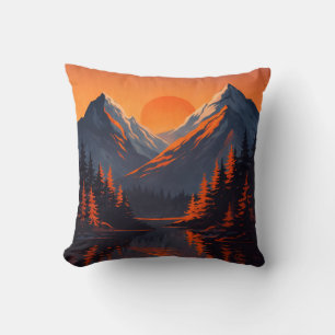 Mountain Sunset Reflection Fiery Orange Sky  Cushion