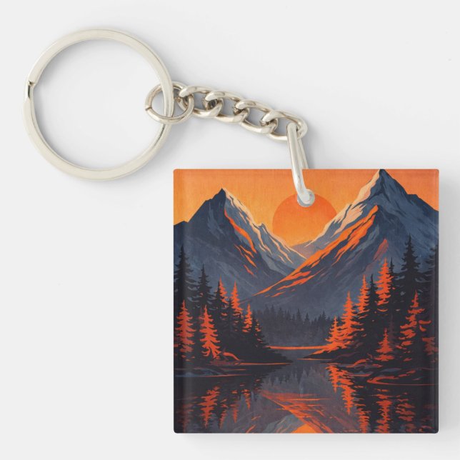 Mountain Sunset Reflection Fiery Orange Sky  Key Ring (Front)