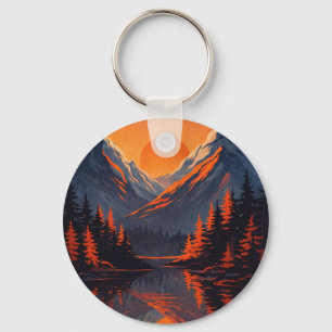 Mountain Sunset Reflection Fiery Orange Sky Key Ring