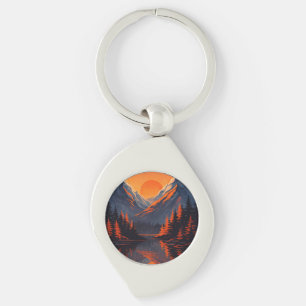 Mountain Sunset Reflection Fiery Orange Sky Key Ring
