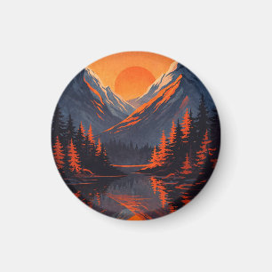 Mountain Sunset Reflection Fiery Orange Sky  Magnet