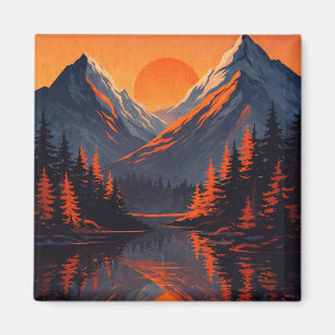 Mountain Sunset Reflection Fiery Orange Sky Magnet