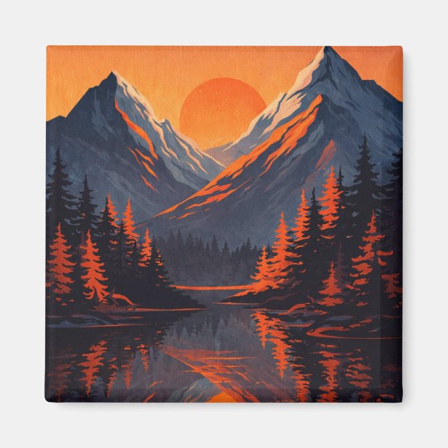 Mountain Sunset Reflection Fiery Orange Sky  Magnet (Front)