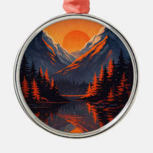 Mountain Sunset Reflection Fiery Orange Sky Metal Tree Decoration