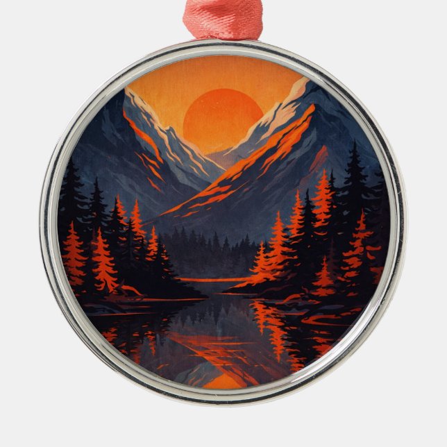 Mountain Sunset Reflection Fiery Orange Sky  Metal Tree Decoration (Front)