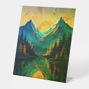 Mountain Sunset Reflection Fiery Orange Sky Pedestal Sign